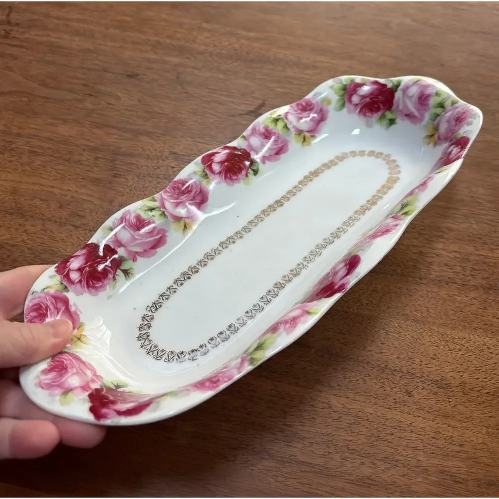 Vintage porcelain relish dish display plate pink & red roses scalloped rim